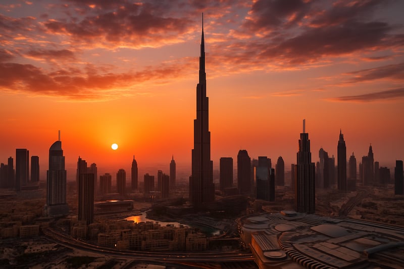 Dubai city skyline with Burj Khalifa at sunset