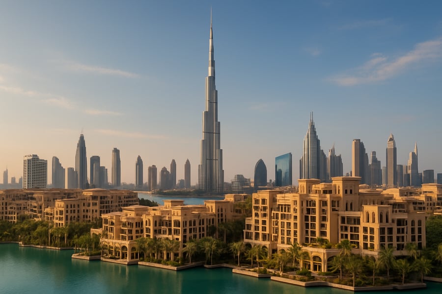 Dubai skyline featuring Burj Khalifa and luxury resorts